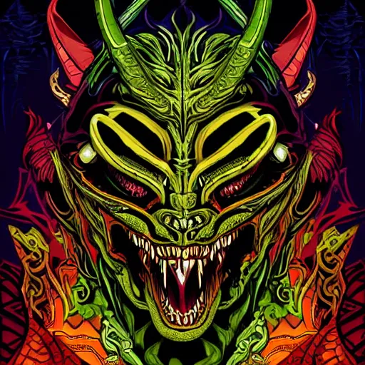 Prompt: barong family member, wiwek, mara demon, one single tribe member, jungle, one single mask, dark, ancient warrior, snake, lizard, alien, predator, dragon, devil, satan, diablo, tribal, exorcist, priest, angel, god, inner glow, art by dan mumford and justin gerard