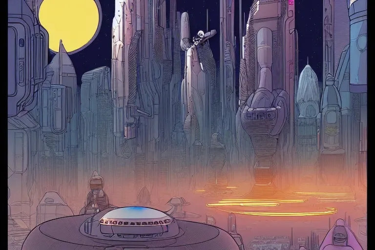 Image similar to a scifi illustration, Night City on Coruscant. flat colors, limited palette, heavy line work moebius in FANTASTIC PLANET La planète sauvage animation by René Laloux