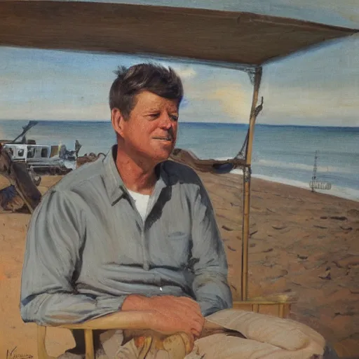 Image similar to portrait of john f kennedy, wrinkled, grey hair sitting on rocking chair, landscape of nantucket beach, dunes, ocean, bluff, handsome, hawaiian shirt, oil on canvas by william sidney mount - 1 9 8 2, trending on artstation