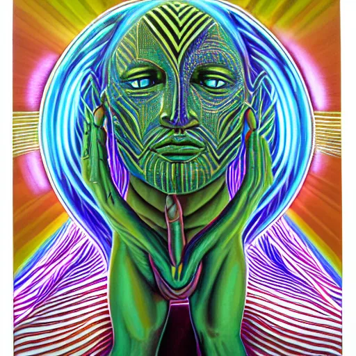 Prompt: a painting of androxus praying designed by alex grey, flooko, etheral, detailed, glows,