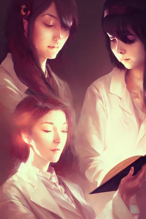 Prompt: portrait of two wise and very beautiful women scientists reviewing some texts, art by guweiz, intricate, elegant, highly detailed, smooth, sharp focus, artstation