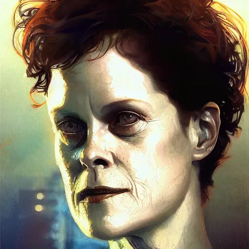 Image similar to sigourney weaver, hyperrealistic portrait, bladerunner street, art of elysium by jeremy mann and alphonse mucha, fantasy art, photo realistic, dynamic lighting, artstation, poster, volumetric lighting, very detailed face, 4 k, award winning