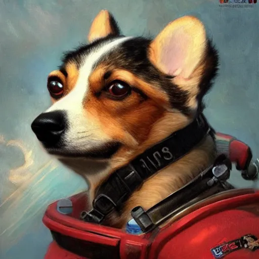 Prompt: a realistic portrait of the soviet space dog, artwork by gaston bussiere, akira, trending on artstation, breed corgi wearing helmet