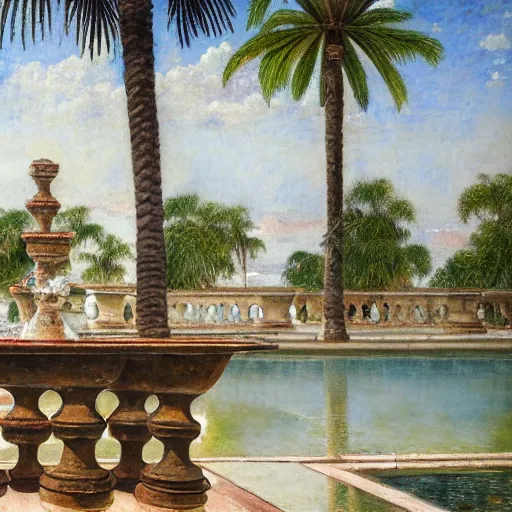 Image similar to a ultradetailed beautiful painting of a old fountain in the amazonas palace balustrade designed by jules bastien - lepage, tarsila do amaral, frank weston and gustave baumann, beach, trending on artstation, mediterranean, palm trees, sharp focus, soft light, 8 k 4 k