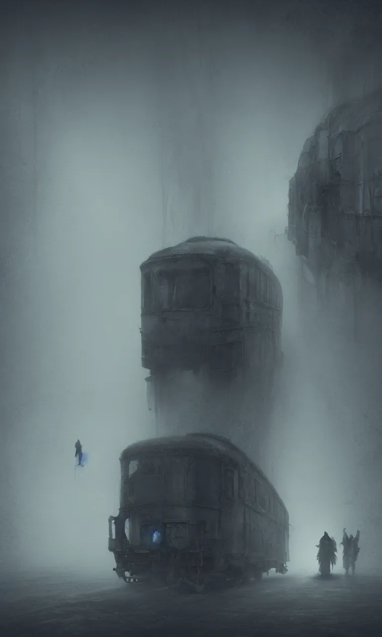 Image similar to ghostly travelers in an old creepy foggy train ominous ligne claire fantasy by igor wolski as featured on artstation 3 d, cyberpunk, neo - gothic, gothic, character concept design, detailed, by beksinski, francis bacon