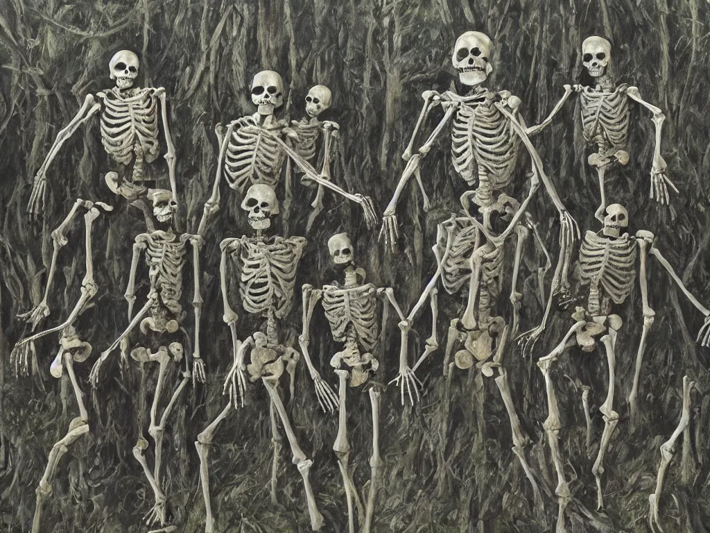 Prompt: frightened screaming human skeletons being chased by scp-106 in a dark forest at night, art by irina french, tom cross