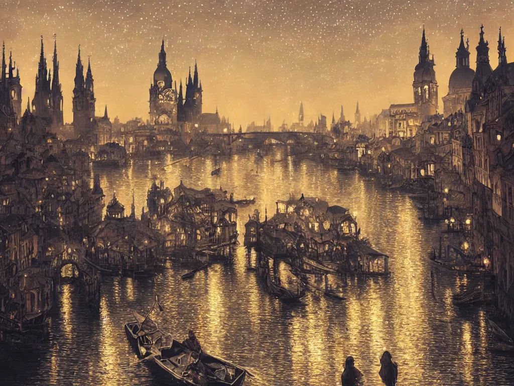 Image similar to a view from the river of a city resembling prague, paris, and venice at night with the sky full of stars, intricate, elegant, highly detailed, digital painting, artstation, concept art, smooth, sharp focus, colored illustration for tattoo, art by krenz cushart and artem demura and alphonse mucha,