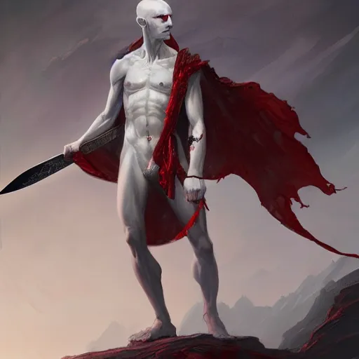 Prompt: wide shot, fantasy painting of a pale man with a two-handed black blade covered in red runes, painted by Bayard Wu, ultra detailed, 8k