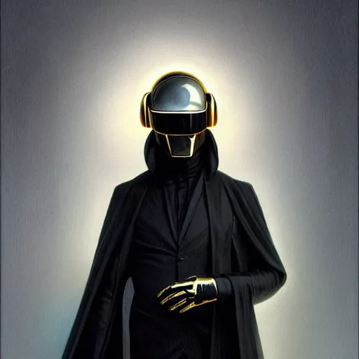 Image similar to painting Daft Punk member in black cloak, elegant, intricate, highly detailed, digital painting, artstation, concept art, sharp focus, illustration, art by artgerm and greg rutkowski and alphonse mucha