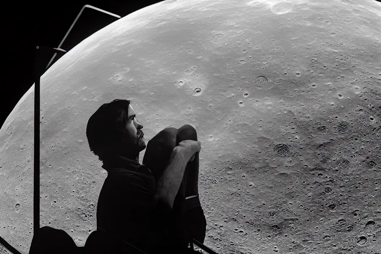 Prompt: Keanu Reeves sitting on a chair and drinking tea and watching the earth on the moon, 4k