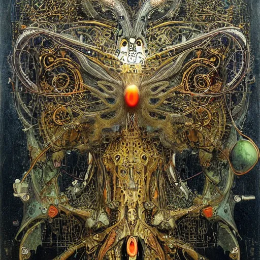 Image similar to winged cybernetic demon trapped in biomechanical circuitry, intricate detail, miro, royo, whealan, klimt,