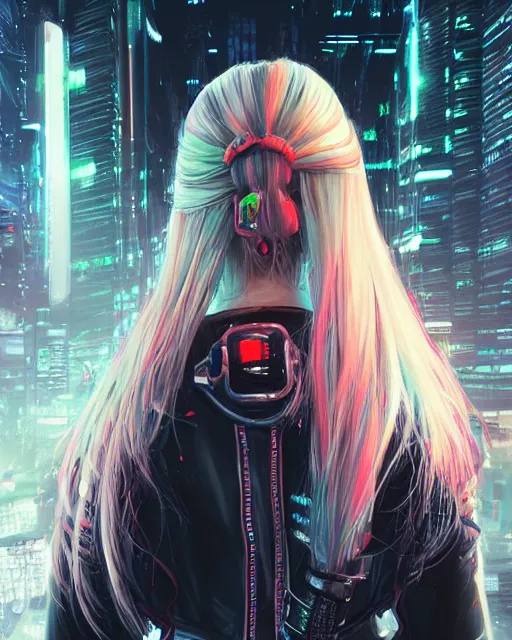 Image similar to detailed portrait neon guard girl with long straight blonde hair seen from the back, cyberpunk futuristic, reflective puffer jacket, black leggings, decorated with traditional ornaments in front of a dystopian crowd with piles of garbage, perfect face, fine details, realistic shaded, fine - face, pretty face by rossdraws