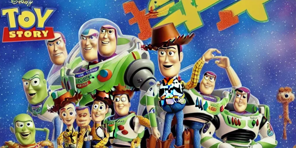 Image similar to a very high detailed painting of toy story in cyberspace