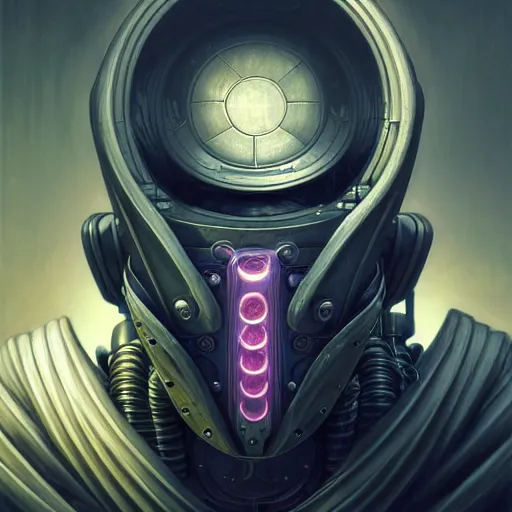 Image similar to low angle portrait shot of a cyberpunk gazmask robot character, intricate, elegant, highly detailed, centered, digital painting, artstation, concept art, smooth, sharp focus, illustration, artgerm, Tomasz Alen Kopera, Peter Mohrbacher, donato giancola, Joseph Christian Leyendecker, WLOP, Boris Vallejo