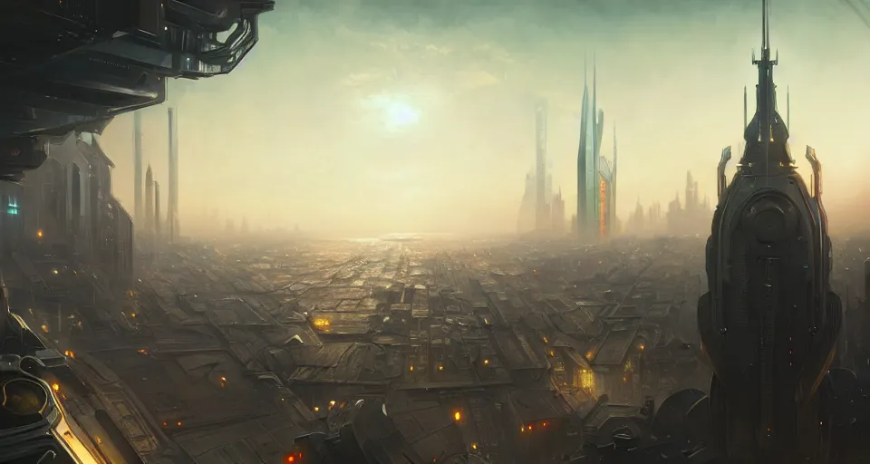 Image similar to cinematic shot, futuristic city, view from rooftop, utopian, digital painting, artstation, concept art, smooth, sharp focus, illustration, intricate, elegant, highly detailed, in the style of greg rutkowski and alphonse mucha and artemisia, 8 k, highly detailed, jurgens, rutkowski