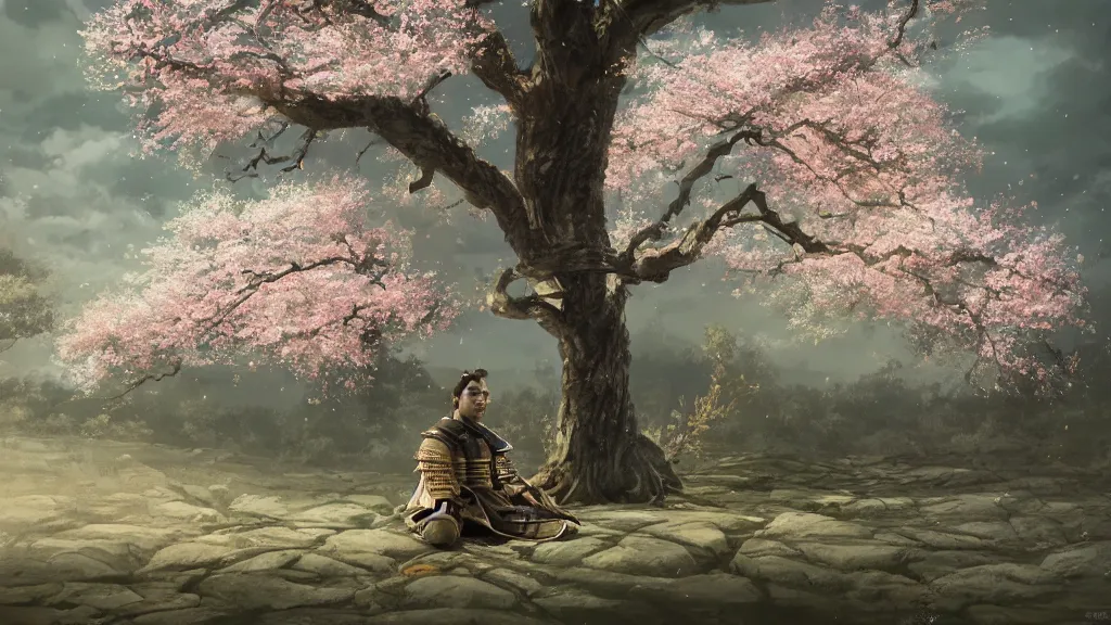 Prompt: beautiful painting of an armoured samurai meditating under a blossom tree, realistic, digital painting, concept art, matte painting, cinematic night lighting, 8 k, highly detailed, detailed terrain