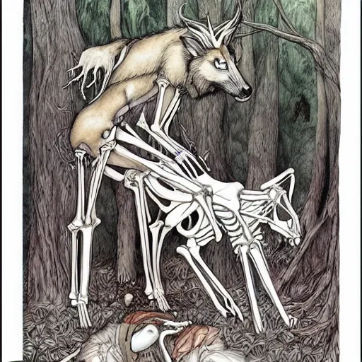 Prompt: a dream wolf eats the magical heart of a woodland faun who has her skeleton exposed, artwork by chiara bautista