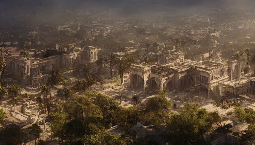 Image similar to Cinematic view of Los Angeles ruins abandoned for centuries and covered by vegetations, destroyed Santa Monica, sunny day, hyperdetailed, artstation, cgsociety, 8k