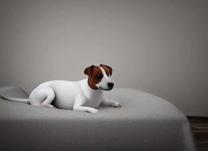 Image similar to photography of a Jack Russel . watching outside the window. on a bed. in a white room. octane render,volumetric light, volumetric fog, photorealistic,, award winning photo, 100mm, sharp, cloth, high res