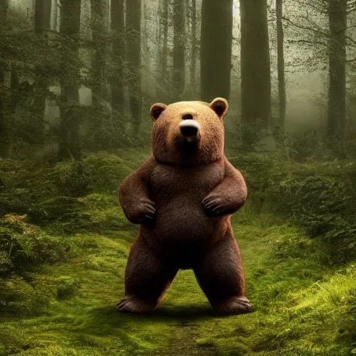Prompt: a large bear-shaped lovecraftian monster running quickly through a woodland, magical forest, fantasy, Ireland, England, king Arthur, Lord of the rings, cinematic, realistic style, beautiful, majestic, dramatic lighting, early morning, dawn CGsociety, realistic, hyper maximalist, golden ratio, octane render, rule of thirds, wide shot , 8k resolution, epic volumetric light, cinematography, concept art, Artstation trending, environments, fantasy