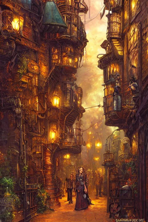 Prompt: oil painting steampunk alley with characters from Game of Thrones by James Gurney, Thomas Kinkade, Ralph Horsley vivid color