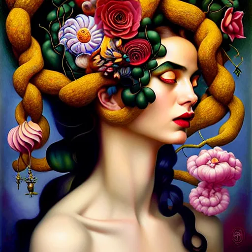 Image similar to dynamic composition, a painting of woman with hair of ( summer flowers )!! and vines wearing ornate earrings, ornate gilded details, a surrealist painting by tom bagshaw and jacek yerga and tamara de lempicka and jesse king, featured on cgsociety, pop surrealism, surrealist, dramatic lighting, wiccan, pre - raphaelite