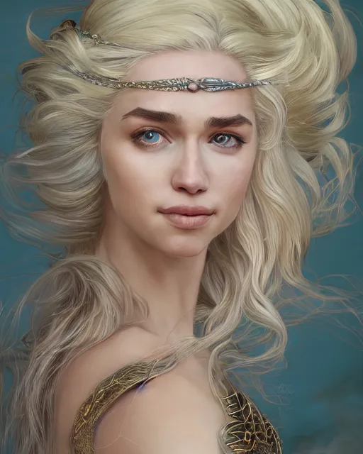 Prompt: closeup portrait of happy beautiful daenerys targaryen leaning against dragons, long blonde windblown hair and dragonskin armor, standing on a ledge of a mountain, glamour pose, detailed illustration, digital art, trending on artstation, soft ambient lighting, volumetric lighting, rim lighting, yoshitaka amano, daniel merriam, alphonse mucha, arney freytag