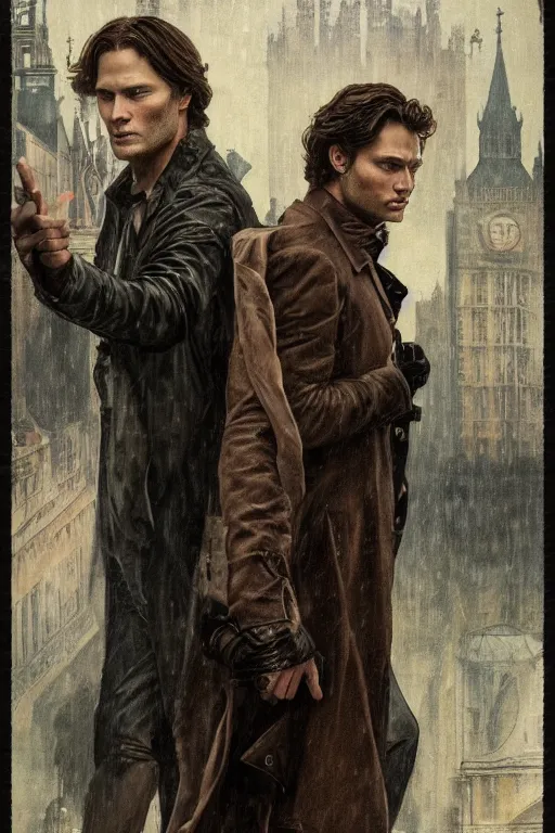 Image similar to a detailed matte portrait of sam winchester and dean winchester in a supernatural sherlock holmes story, 1 8 th century london in the rain, city streets, ominous, masterpiece, 8 k, art by alphonse mucha and greg rutkowski