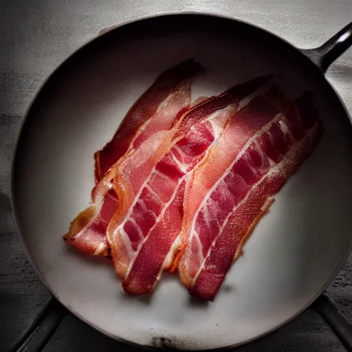 Image similar to high tech, low life, cyberpunk bacon and eggs in pan, closeup, close angle, dramatic lighting