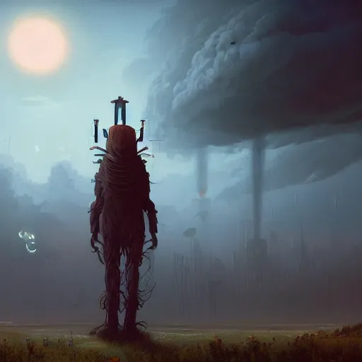 Image similar to a digital painting of a gigantic big enormous humanoid monster standing in the sky, concept art by simon stalenhag and peter mohrbacher cgsociety, vanitas, ominous, lovecraftian, speedpainting, apocalypse art. mist. unreal engine. hyper - realistic. photo realistic. octane render. detailed masterpiece. extreme wide shot.