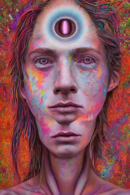 Prompt: acid tripping cult girl third eye open, chakra energy waves resonating from her body, ethereal aura, epic surrealism 8k oil painting, portrait, perspective, high definition, post modernist layering, by Sean Yoro, Casey Weldon