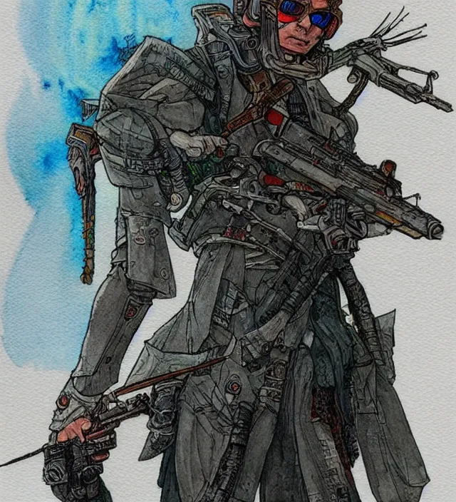 Image similar to a watercolor ink painting of an cyberpunk elven sniper in the style of jean giraud in the style of moebius trending on artstation deviantart pinterest detailed realistic hd 8 k high resolution