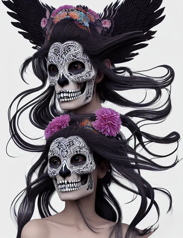 Image similar to 3 d goddess skull half - turn portrait with long hair with ram skull. beautiful intricately detailed japanese crow kitsune mask and clasical japanese kimono. betta fish, jellyfish phoenix, bio luminescent, plasma, ice, water, wind, creature, artwork by tooth wu and wlop and beeple and greg rutkowski