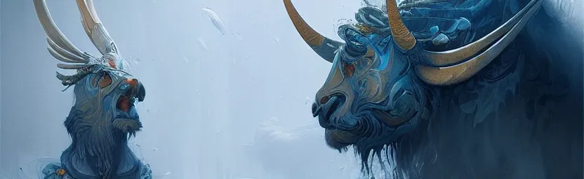 Prompt: sacred angry buffalo, acanthus scroll, ceremonial clouds, dripping paint, fibonacci rhythm, artstation, art germ, wlop, karol bak, christopher balaskas, ross tran