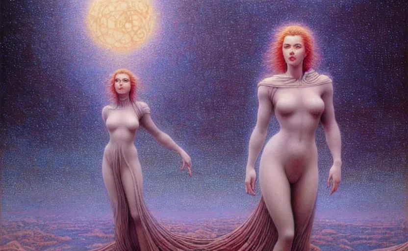 Image similar to cute scarlett johansson on a gigeresque planet by jean delville by luis royo and wayne barlowe, beksinski