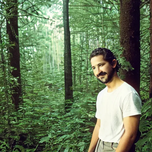 Image similar to Shia Labeouf, smiling eerily and holding a knife, peering through foliage in the forest, horror movie moonlight, Eastman Color Negative II 100T 5247, ARRIFLEX 35 BL Camera