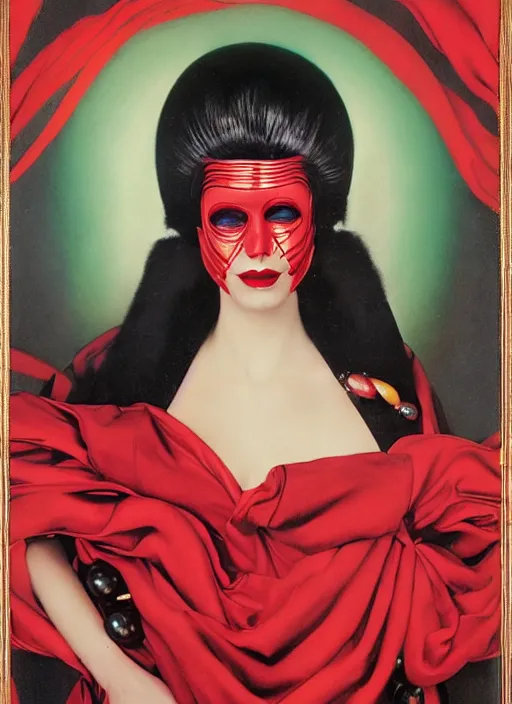 Image similar to an 8 0 s portrait of a woman with dark eye - shadow and red lips with dark slicked back hair, a mask made of wire and beads, dreaming acid - fueled hallucinations by serge lutens, rolf armstrong, delphin enjolras, peter elson, red cloth background