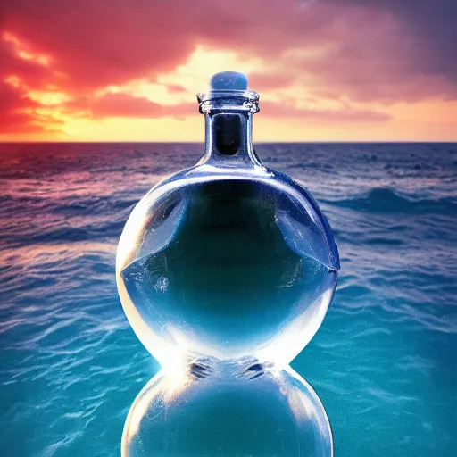 Image similar to a human head in a bottle in water art manipulation shape, on the ocean water, futuristic, glowing, hyper realistic, ray tracing, realistic water splashes, sharp focus, long shot, 8 k resolution, cinematic, photoshop art