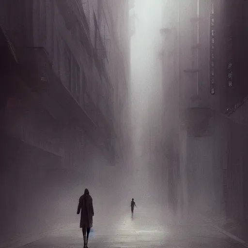 Image similar to a person walking down a street in the fog, concept art by Bastien Lecouffe-Deharme, trending on cgsociety, panfuturism, 2d game art, dystopian art, matte drawing