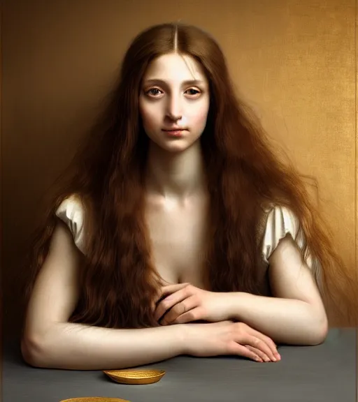 Image similar to portrait of a beautiful long - haired woman sitting upon a table with heightened detail, poised, intense emotion, detailed facial expression, detailed surroundings, intricate, elegant, highly detailed, centered, digital painting, artstation, concept art, smooth, sharp focus, illustration, by ( leonardo da vinci ), wlop