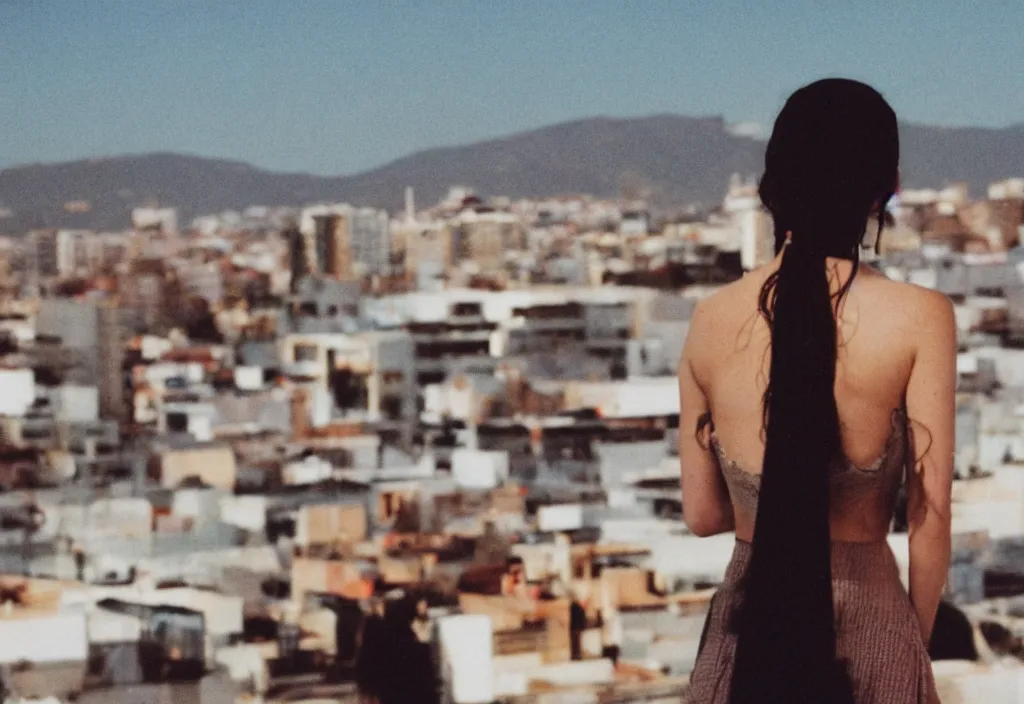 Image similar to lomo photo of adelaide kane standing on the roof of building, small town, cinestill, bokeh, out of focus