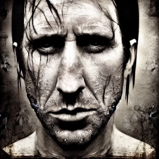 Prompt: portrait of trent reznor with long hair as a zombie by lee jeffries and michael hussar, award winning, sony a 7 r