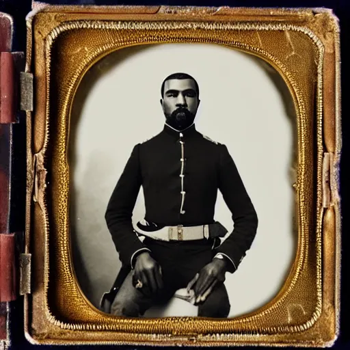 Image similar to daguerreotype portrait of kanye west wearing a confederate officer uniform, 8 k, very detailed, very intricate,