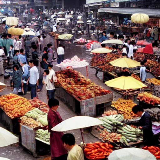 Prompt: A busy wet market in Hangzhou in the 1990s