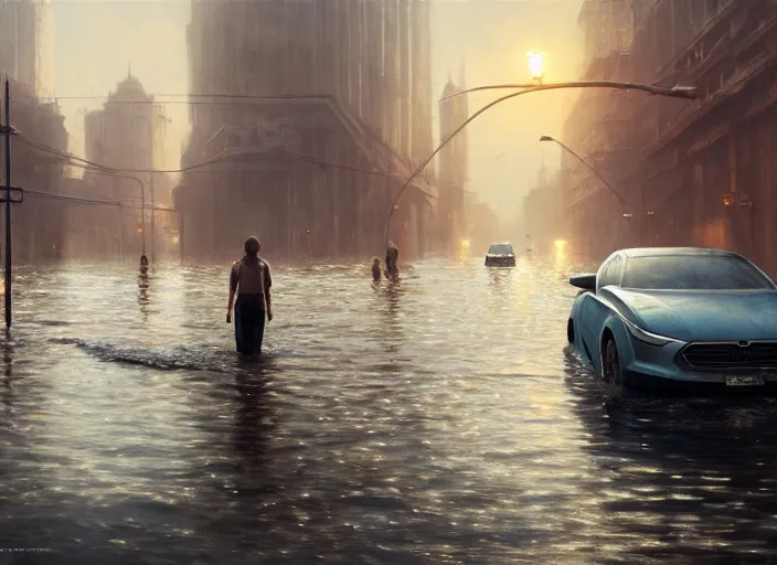 Image similar to a car driving through shallow water, flooded city, people walking through shallow water, muted colors, hyperrealistic, oil painting, intricate, cgsociety, artstation, 8 k, cinematic, soft lighting, by greg rutkowski, by wlop, by artgerm