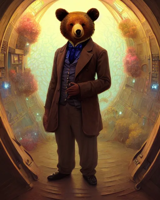 Image similar to anthropomorphic art of a detective bear inside tardis, victorian inspired clothing by artgerm, victo ngai, ryohei hase, artstation. fractal papersand books. highly detailed digital painting, smooth, global illumination, fantasy art by greg rutkowsky, karl spitzweg