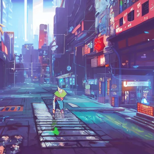 Image similar to a video game where the main character is a rabbit and you play in a cyberpunk city