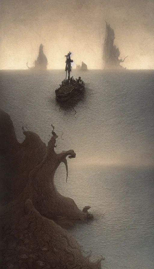 Prompt: man on boat crossing a body of water in hell with creatures in the water, sea of souls, by john howe