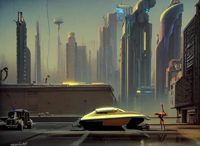 Prompt: a car driving down a street next to tall robot the night, cyberpunk art by Chesley Bonestell, cgsociety, retrofuturism, matte painting, reimagined by industrial light and magic