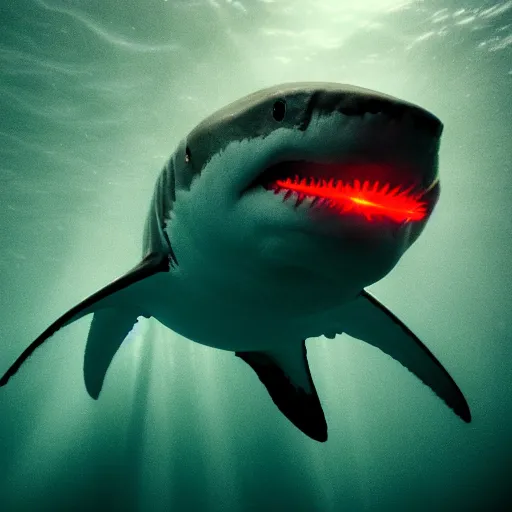 Image similar to A great white shark with red laser light emanating from its eyes, underwater photography, creepy, 8k